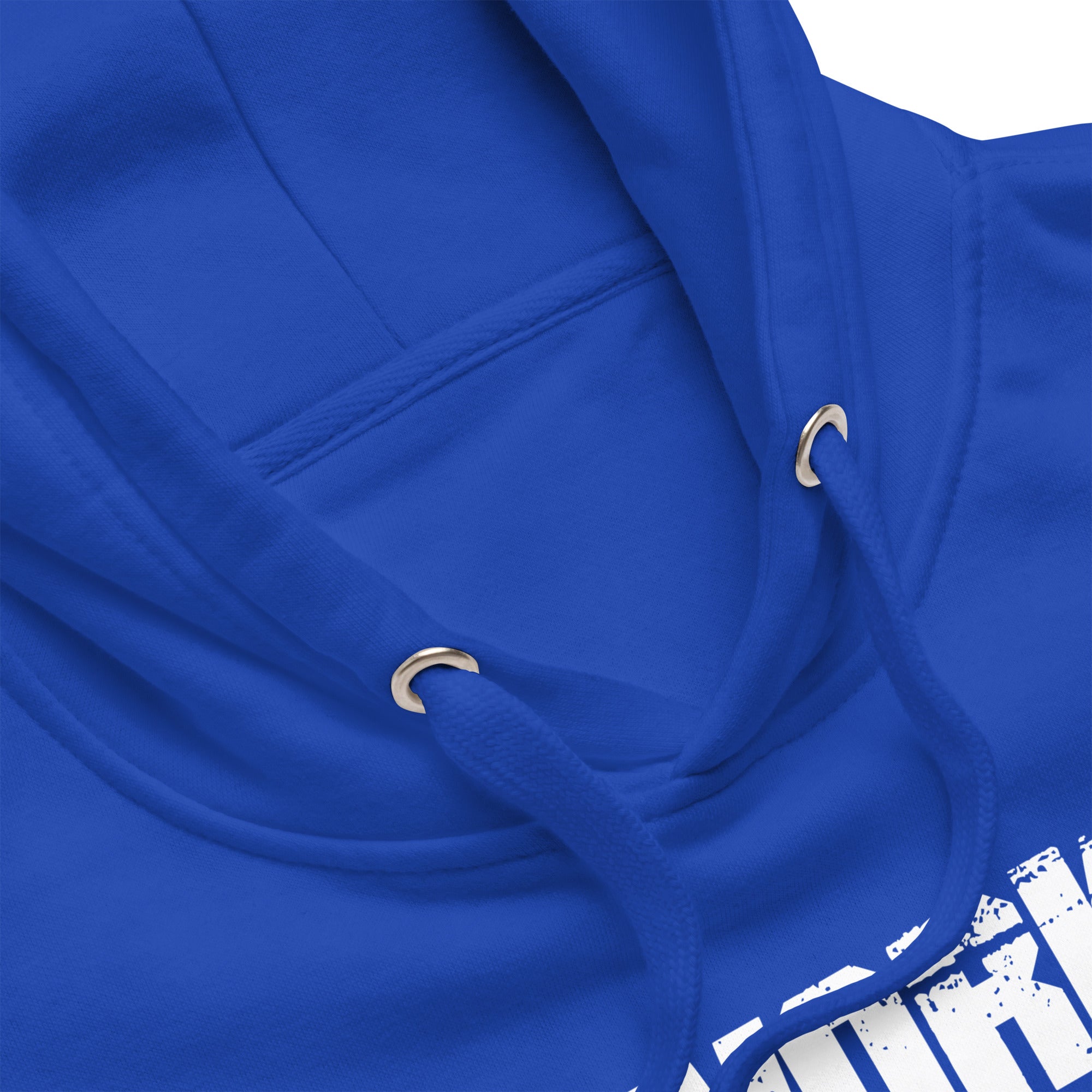 Close-up of a blue hoodie with drawstrings on a white background